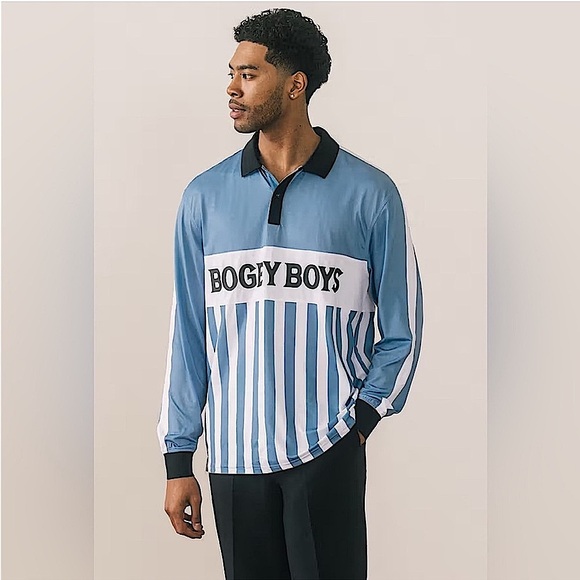 Bogey Boys by Macklemore Striped Athletic Longsleeve Jersey Powder Blue, Med NWT - Picture 1 of 16